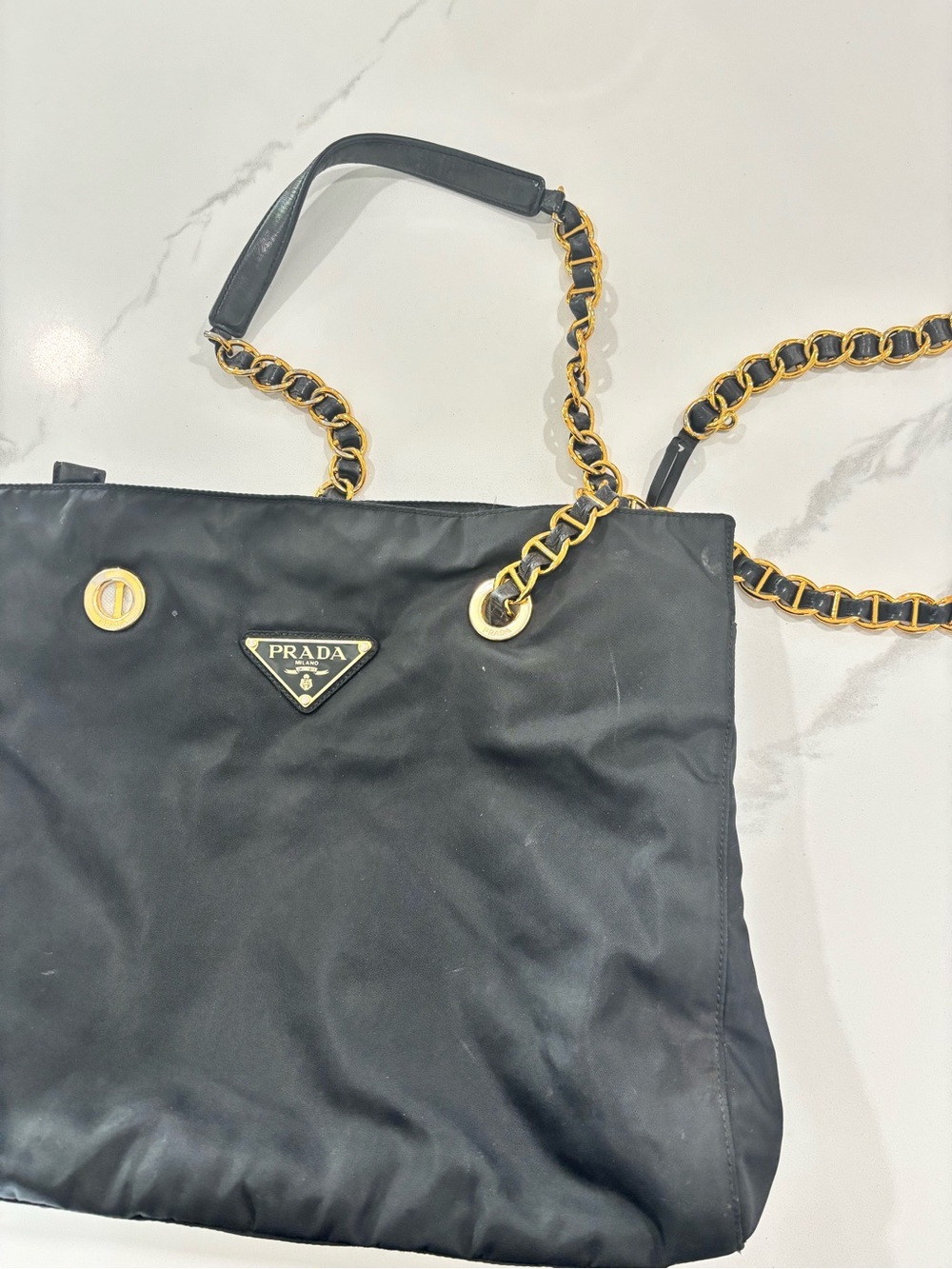 Authentic Prada Black Nylon Shoulder Bag with Gold Chain Straps - Picture 7 of 7